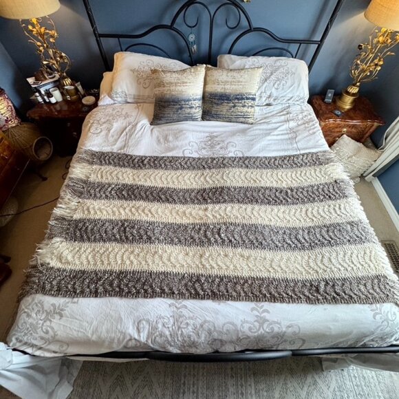 Vintage Wool Brown and Cream Striped Throw Blanket - Picture 2 of 9